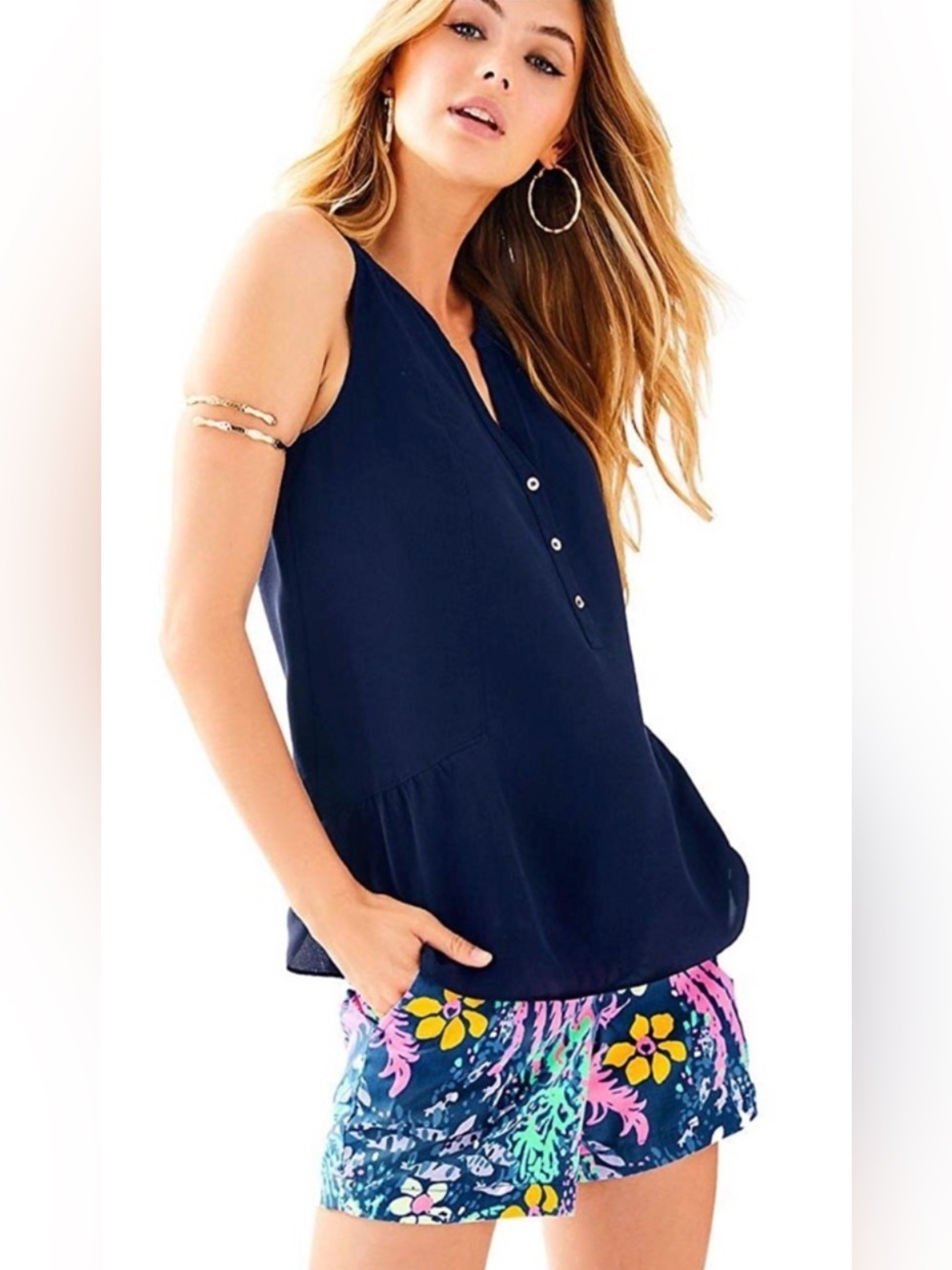 Lilly Pulitzer Keri Silk Navy Sleeveless V-Neck Peplum Button-Front Top Small‎